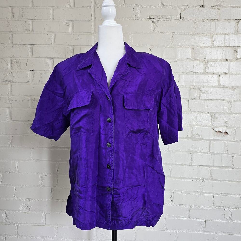 Vintage 90s Options Melrose Purple Silk Camp Shirt | Textured Raw Silk Blouse